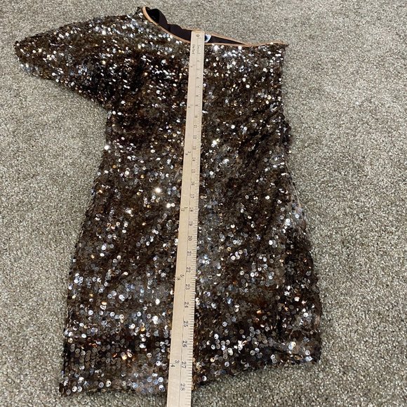 Brown Sequined Mini Dress One Shoulder Size 7 Medium Stretch Short Sleeve - Picture 10 of 13